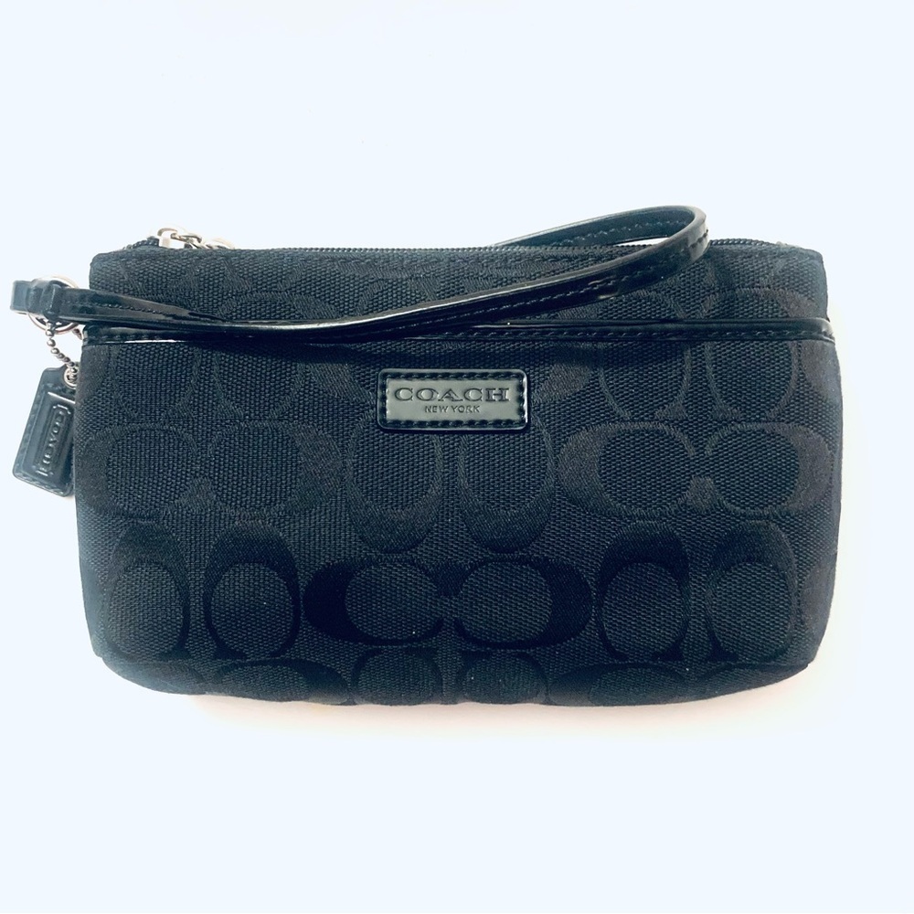 COACH Black Canvas Wristlet
Signature Monogram Leather Trim
Mini Pouch